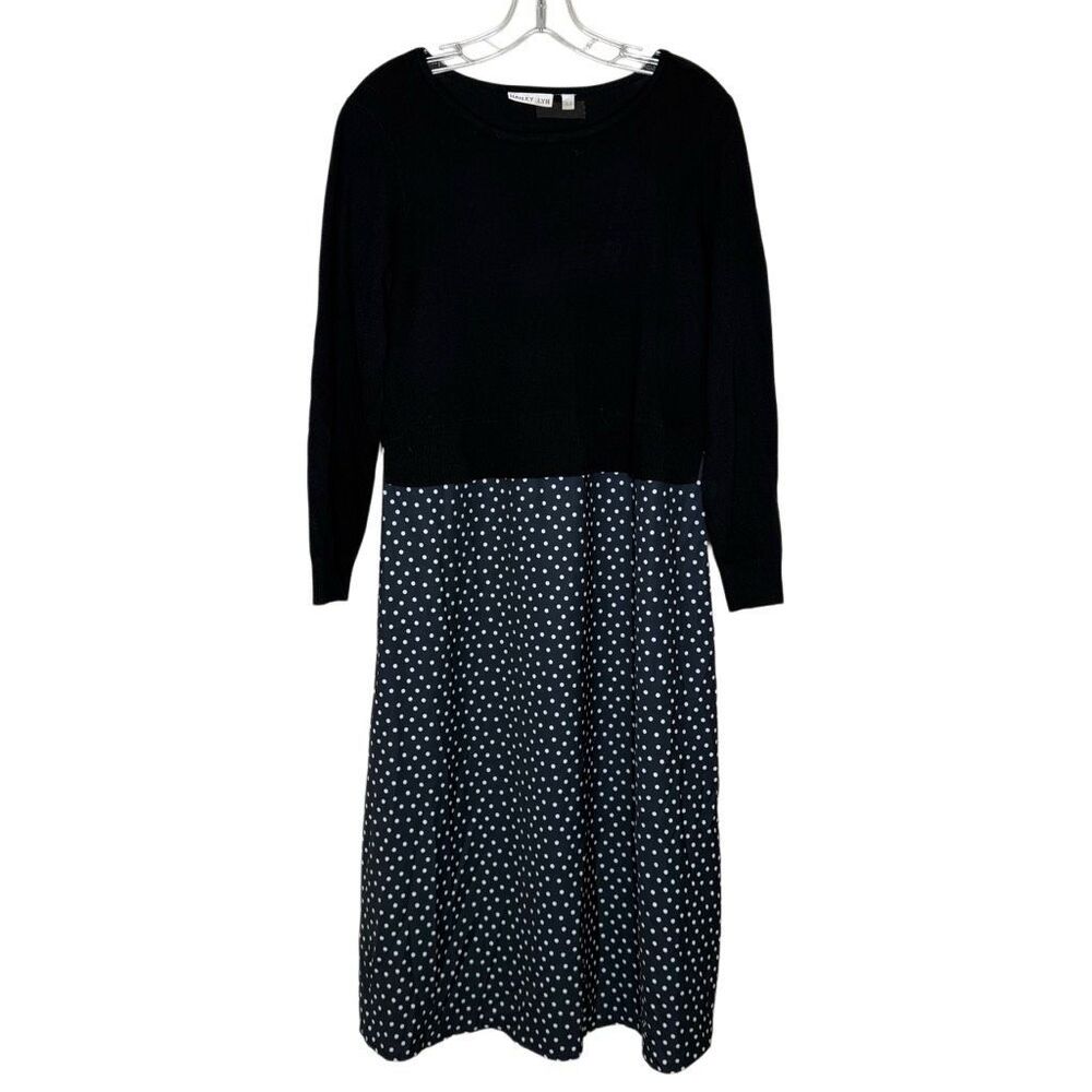 Hailey Lyn Black Long Sleeve Maxi Sweater Dress Size M Polka Dot Knit Round Neck